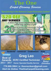 Promotional image for The One Carpet Cleaning featuring a $20 off coupon, highlighting services for residential, commercial, and condominium cleaning, with text emphasizing awards and certifications.
