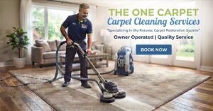 Professional steam cleaning equipment cleaning a residential carpet for a carpet and upholstery service