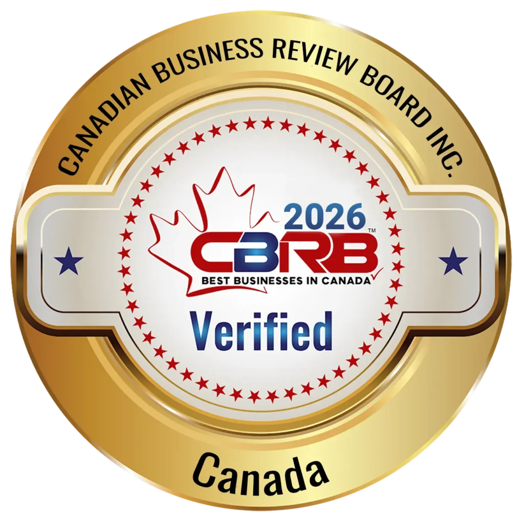 Gold circular 2026 CBRB BEST BUSINESS in CANADA Verified award emblem featuring a red maple leaf, a ring of red stars, and bold blue text